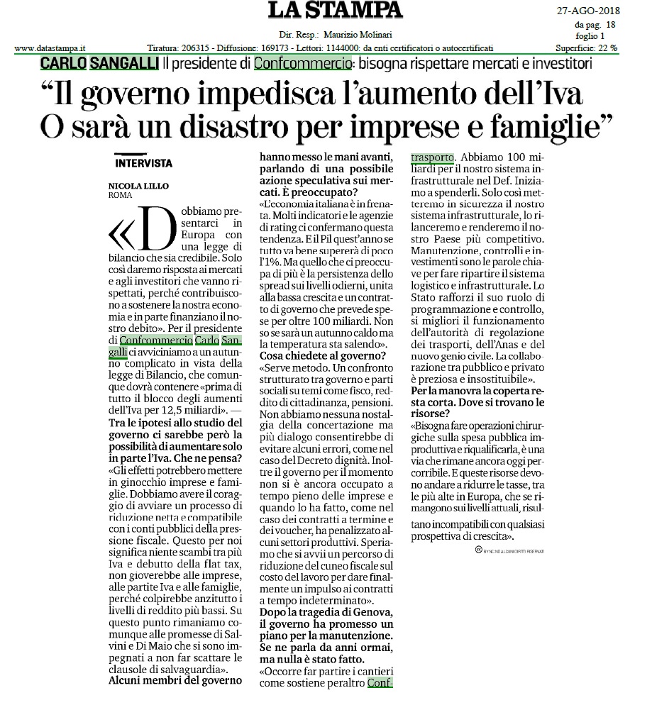 no aumento iva - Sangalli su La Stampa - 27.08.2018