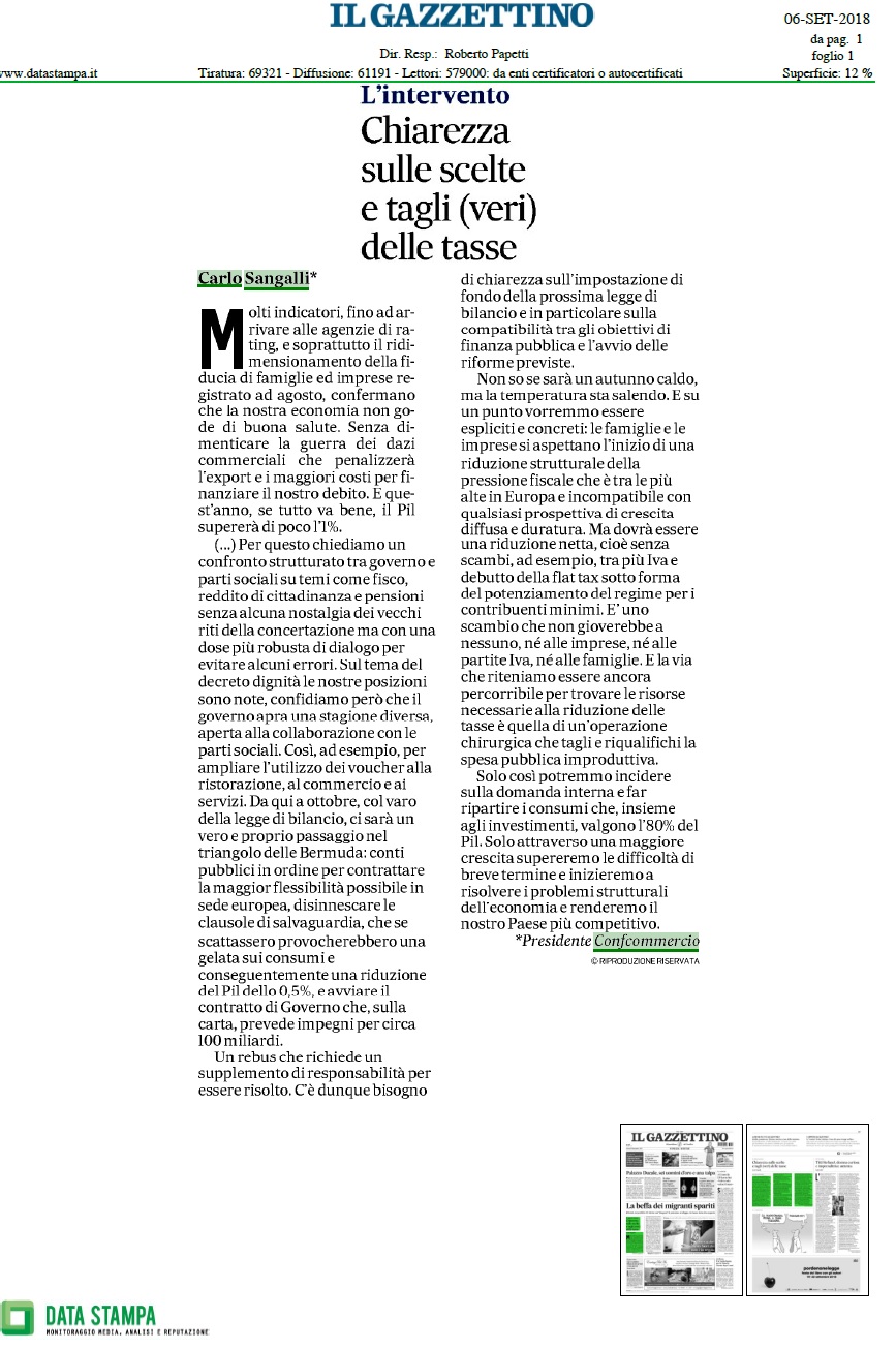 Sangalli sul Gazzettino 6 settembre 2018
