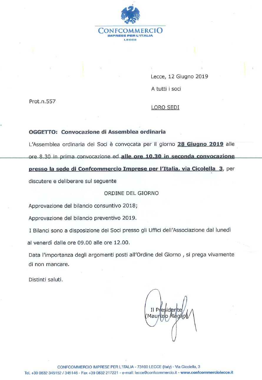 CONVOCAZIONE ASSEMBLEA ORDINARIA 2019