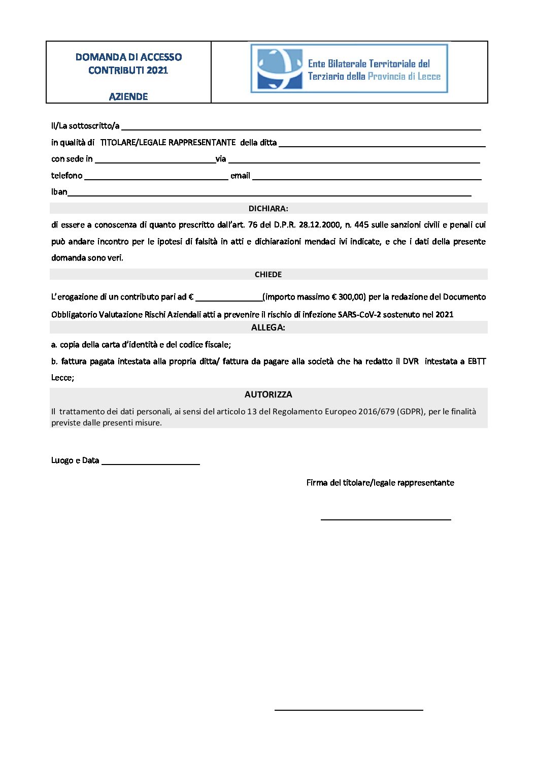 DOMANDA CONTRIBUTI 2021 aziende