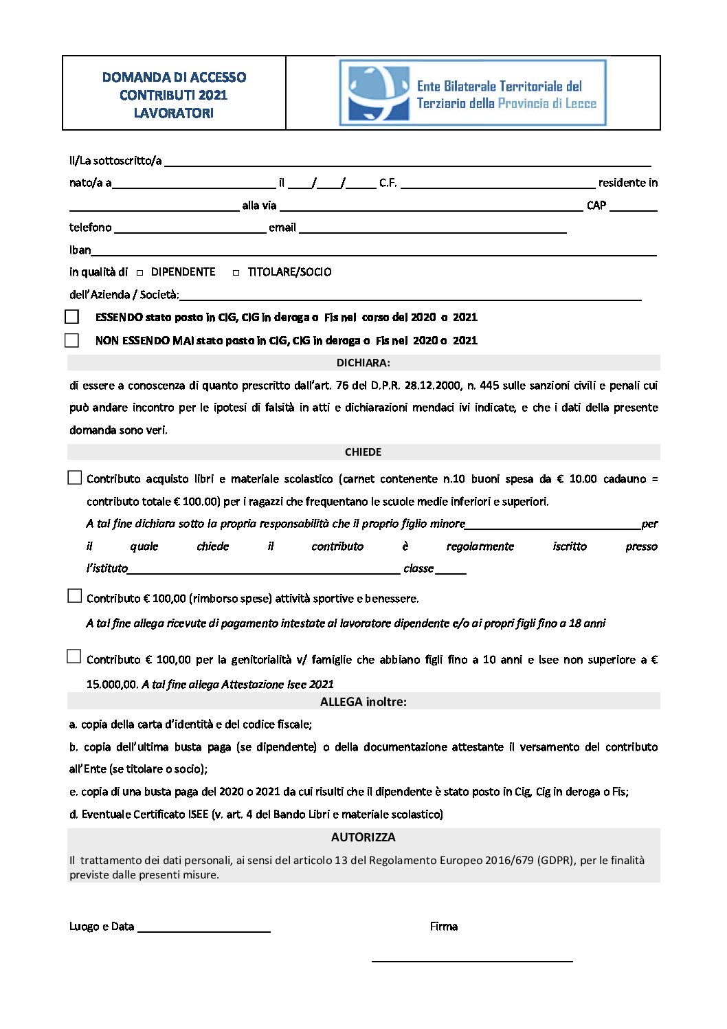 DOMANDA CONTRIBUTI 2021 lavoratori