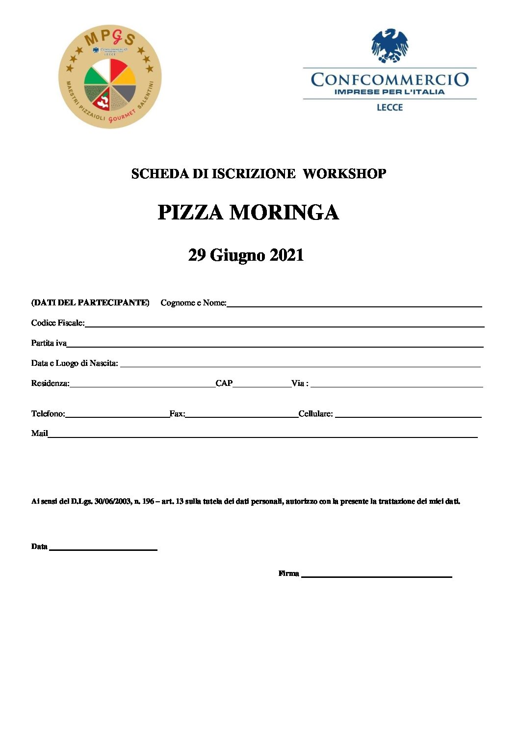 DOMANDA DI ISCRIZIONE - Workshop Pizza Moringa