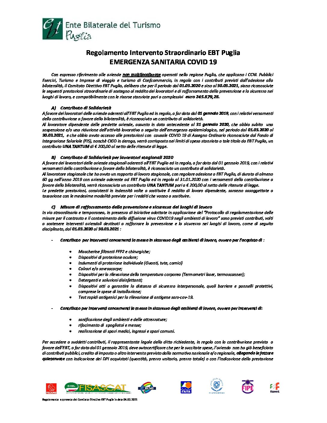regolamento intervento straordinario sussidi covid